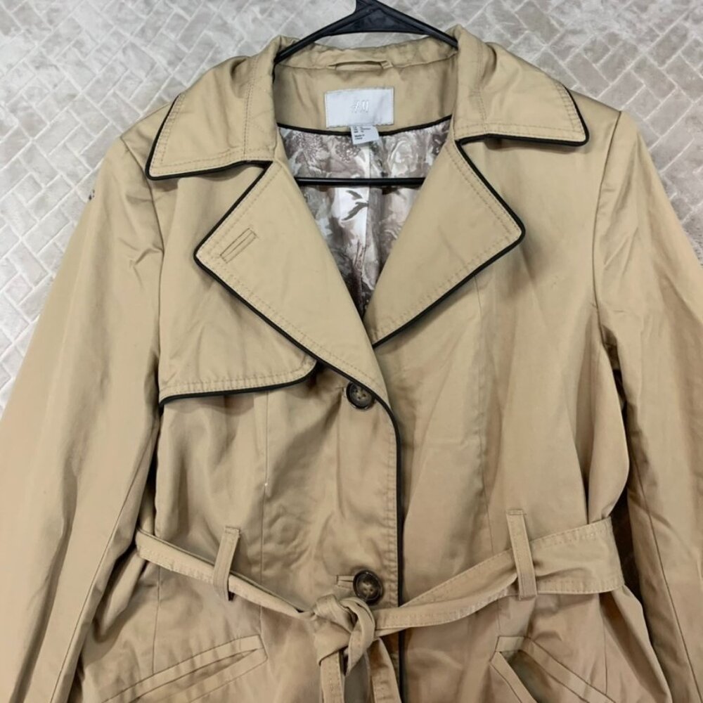 H&M Womens 12 Trench Coat Tan Knee Length Belted Wide Lapel Timeless Minimalist - Picture 2 of 16